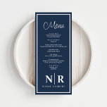 Menú Boda Monograma Recepción O Cena De Participación<br><div class="desc">Aumente sus ocasiones especiales con nuestros menús de la cena o de la cena en Monograma Azul y Boda Blanco de la Marina, una combinación perfecta de elegancia y personalización. Diseñados con un sofisticado fondo azul marino y un blanco resplandeciente, estos menús le dan un toque de elegancia a su...</div>
