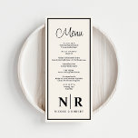 Menú Boda Monograma Recepción O Cena De Participación<br><div class="desc">Nuestros menús de la cena o de la cena en Monograma Blanquecino y Negro Boda, una mezcla de elegancia intemporal y encanto personalizado perfecto para cualquier ocasión especial. Diseñados con un sofisticado fondo blanco roto y sorprendentes acentos negros, estos menús le dan un toque de elegancia refinada a su evento,...</div>