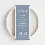 Menú Boda Monograma Recepción O Cena De Participación<br><div class="desc">Presenta un toque de elegancia refinada a tu evento especial con nuestros menús de la recepción o cena de Boda azul y blanco. Estos exquisitos menús están diseñados para elevar su experiencia gastronómica, convirtiéndolos en la perfecta incorporación a bodas, cenas de ensayo y fiestas de compromiso. La sofisticada mezcla de...</div>
