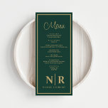 Menú Boda Monograma Recepción O Cena De Participación<br><div class="desc">Presentamos nuestros menús de Monograma Emerald Green y Gold Boda o Cena de Compromiso, una impresionante incorporación a su evento especial que combina elegancia con encanto personalizado. Estos menús están elaborados con un rico fondo verde esmeralda acentuado por detalles dorados de lujo, creando un estilo sofisticado que realza cualquier ambiente...</div>