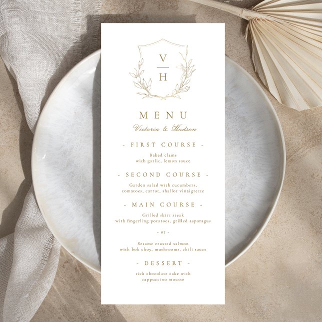 Menú Boda monograma simple de escudo botánico de oro (Gold simple botanical crest monogram wedding menu)