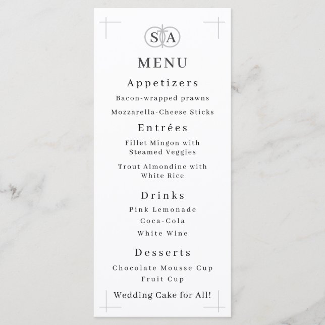 Menú Boda Monogramado de Cruz y Anillos Tradicionales (Anverso)