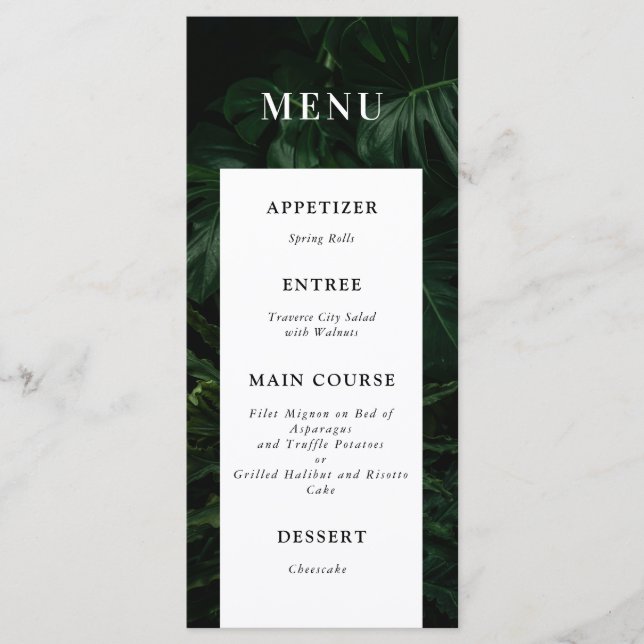 Menú Boda Monstera Tropical Blanco Negro (Anverso)