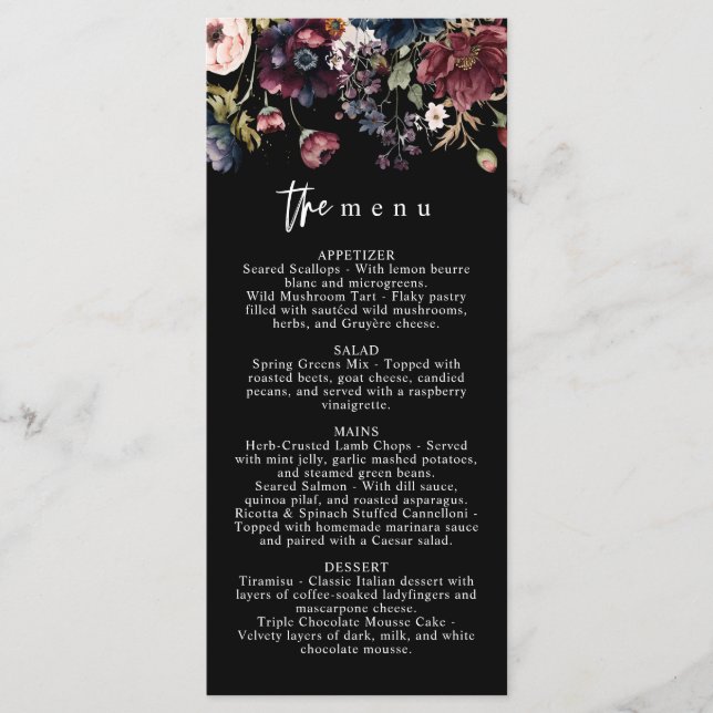 Menú Boda Moody, Menú Negro, Floral acuarela (Anverso)
