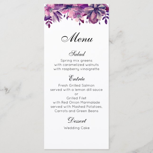 Menú boda morado. Menú de cena floral acuarela (Anverso)