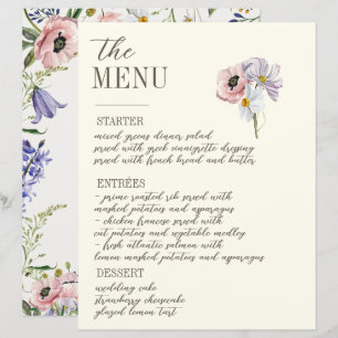 Menú Boda morado y crema floral bordeado
