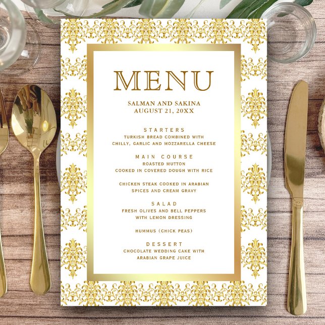 Menú Boda musulmana islámica de Damasco blanco y dorado (Subido por el creador)