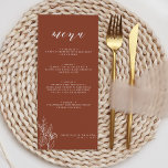 Menú Boda Naranja de Boho Floral Terracotta quemada<br><div class="desc">Moderno Menú Boda Boho Floral Terracotta Quemada Naranja. Monograma detrás.</div>