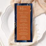 Menú Boda Naranja de la agarrada de oro azul de la<br><div class="desc">Elegante y moderno menú boda con un fondo de ágata color azul marino adornado con un purpurina de imitación dorado. El texto aparece en letra elegante de color dorado y en letra de copperplate en un rectángulo naranja quemado. El diseño de agate se repite al revés.</div>