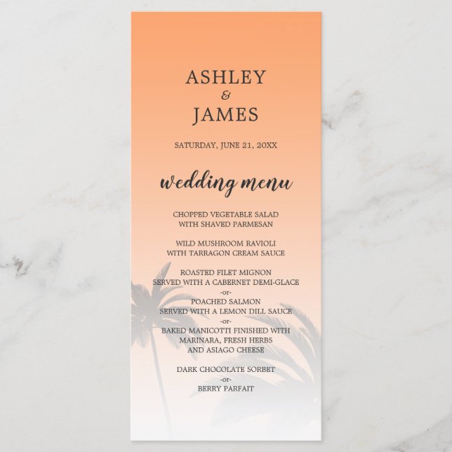 Menú Boda naranja Tropical Palm Tree Beach (Anverso)