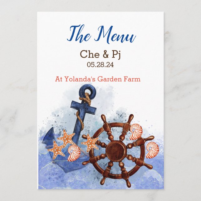 Menú Boda náutica de playa personalizada (Anverso)