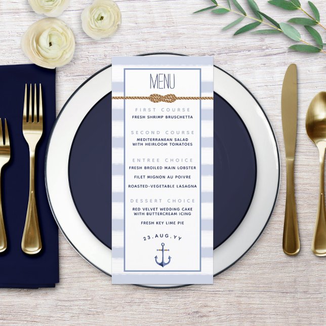 Menú Boda náutica de raya azul y blanca ♾ Nudo de infin (♾ Infinity Knot Nautical Wedding Menu ⚓ with Light Blue and White Watercolor Stripes)