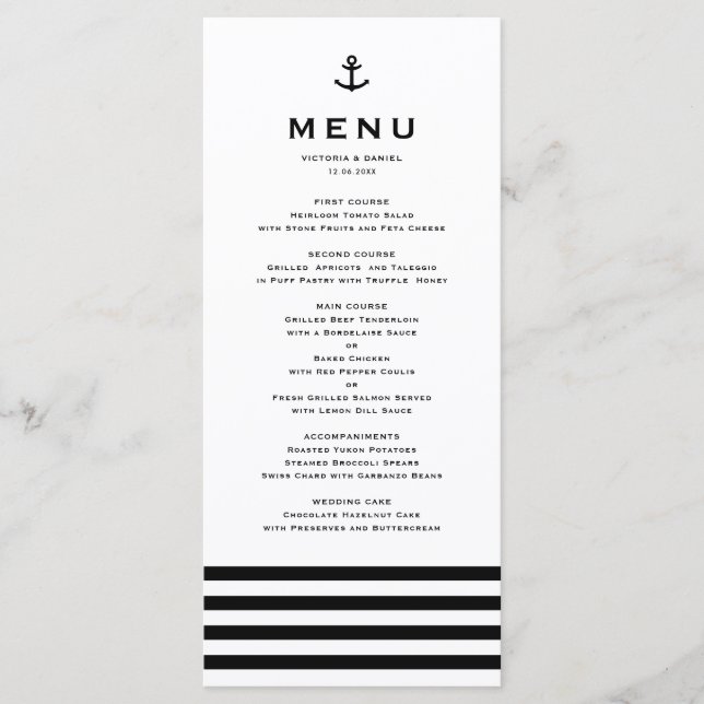 Menú Boda náutica moderna con ancla en blanco y negro (Anverso)