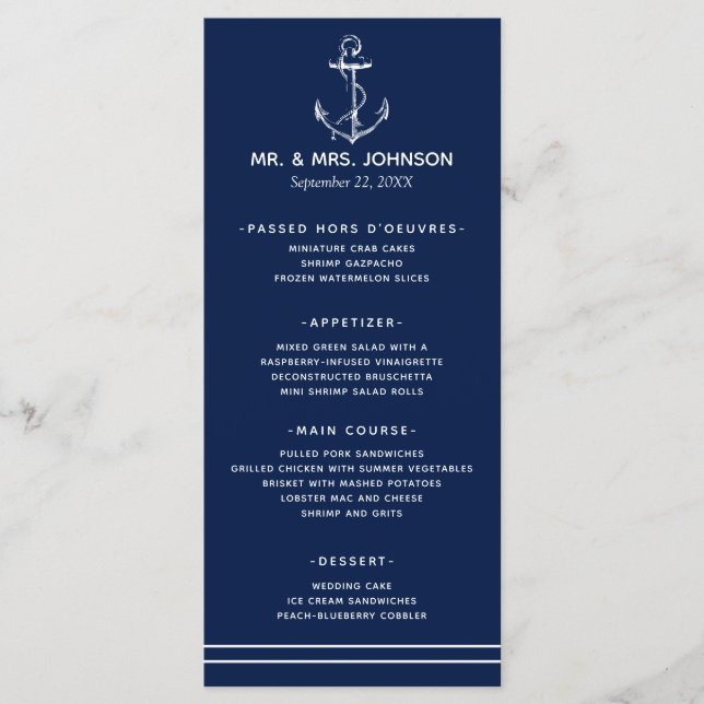 Menú Boda Nautical White Anchor Sea Side (Anverso)