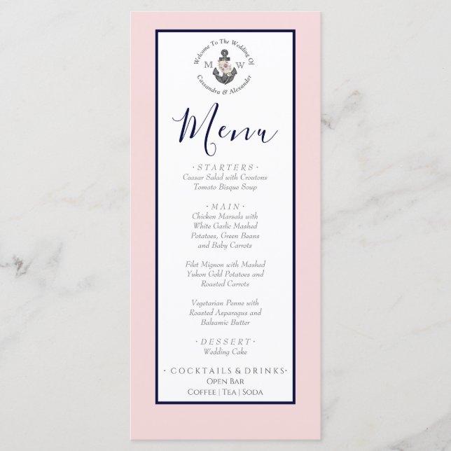 Menú Boda Náutico Anclaje Floral Marina Rosa Gris (Anverso)