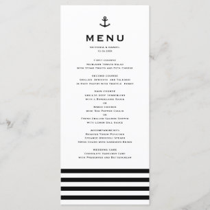 Menú Boda Náutico de Ancla Blanco y Negro Moderno