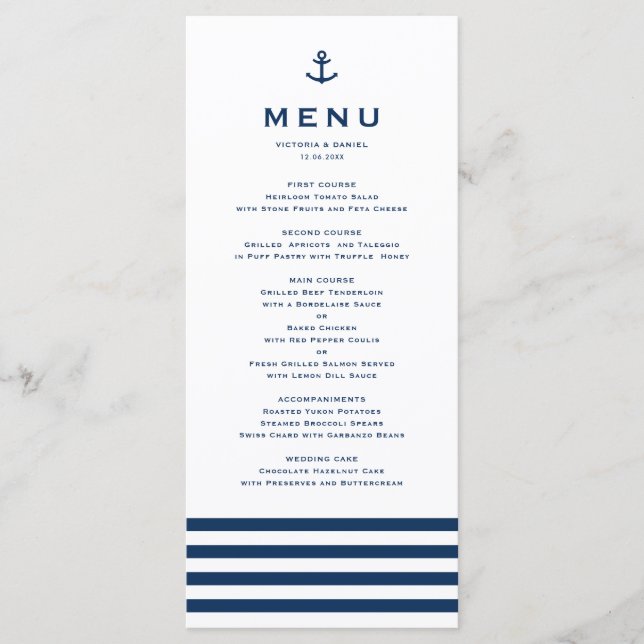 Menú Boda Náutico del Ancla Azul y Blanco de la Marina  (Anverso)