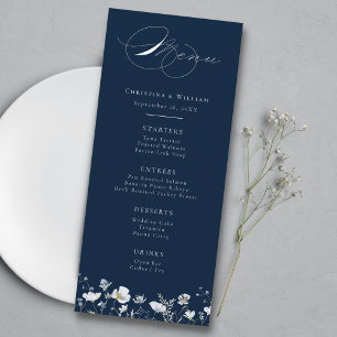 Menú Boda Navy Blue Elegant Winter Wildflowers