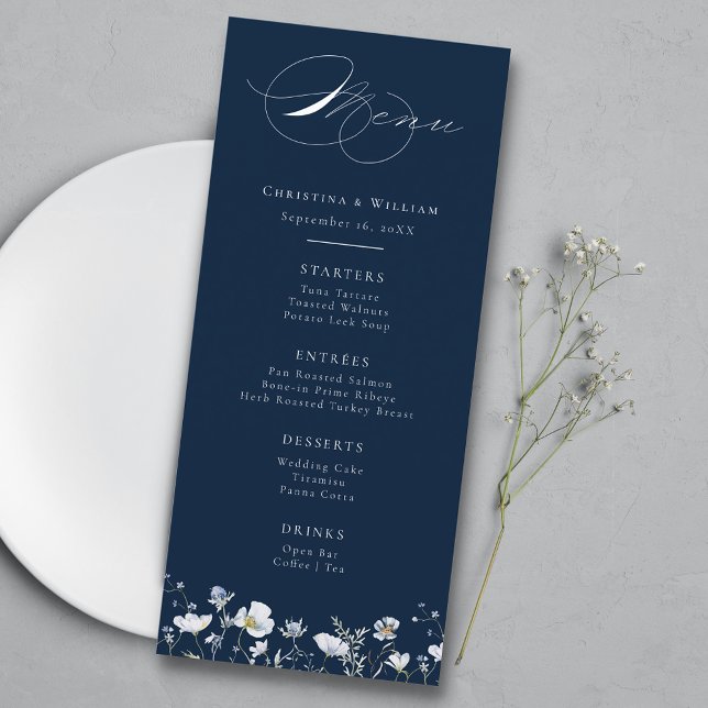 Menú Boda Navy Blue Elegant Winter Wildflowers (Subido por el creador)