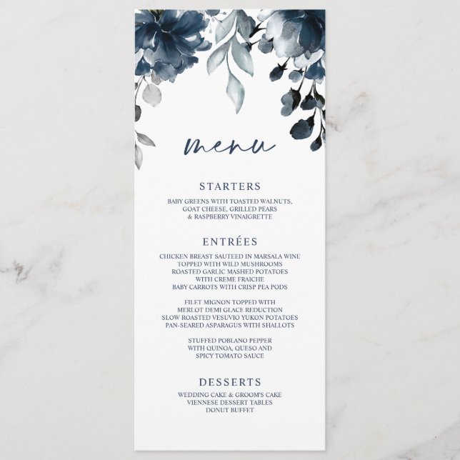 Menú Boda Navy Blue Floral Greenery (Anverso)