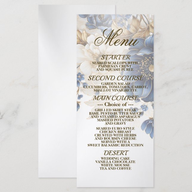 Menú Boda Navy Blue White Golden Floral Silver (Anverso / Reverso)