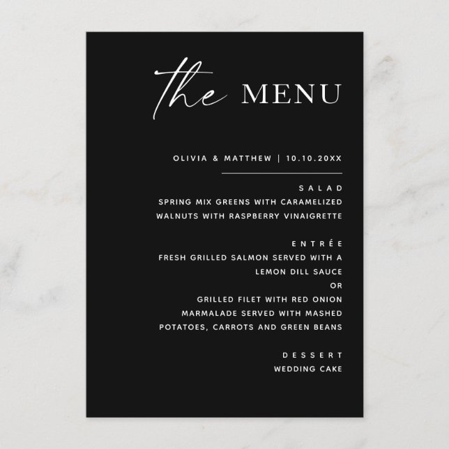 Menú Boda Negra Elegante. Recepción Minimalista Moderna (Anverso)