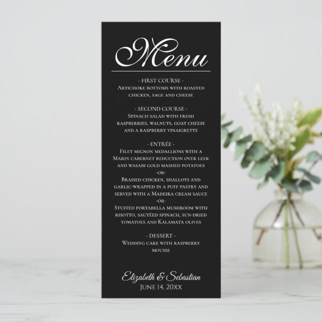Menú Boda negro clásico de elegancia simple (Anverso de pie)