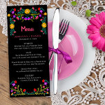 Menú Boda negro de Fiesta floral mexicana<br><div class="desc">Menú vibrante y de bonito para un boda o cualquier otra ocasión especial. Este tema floral mexicano presenta coloridas flores de arte folclórico mexicano en un fondo negro, rojo, rosa, morado y amarillo. La parte trasera de la tarjeta tiene un ramo de flores de flores de la misma fiesta. La...</div>