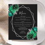 Menú Boda negro de floral verde esmeralda presupue<br><div class="desc">Elegante y moderno menú boda con un marco geométrico de plata decorado con ramos de flores de color verde esmeralda y plata sobre fondo negro. El texto del personalizable combina la escritura manual caprichosa de color gris plateado,  el copperplate y las fuentes cursivas. El reverso es negro sólido.</div>