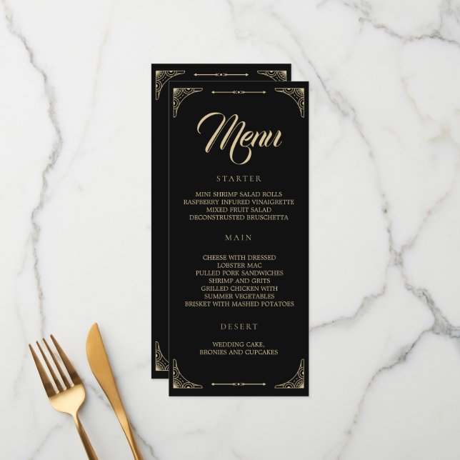 Menú boda Negro Elegante Deco Oro Retro (Anverso/Reverso In Situ)