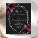 Menú Boda negro floral de borgoña presupuestado<br><div class="desc">Elegante y moderno menú boda con un marco geométrico de plata decorado con ramos de flores borgoñas y plateados sobre un fondo negro. El texto del personalizable combina la escritura manual caprichosa de color gris plateado,  el copperplate y las fuentes cursivas. El reverso es negro sólido.</div>