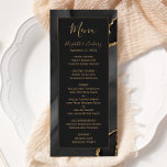 Menú Boda negro moderno de la agata del oro oscuro<br><div class="desc">Elegante y moderno menú boda con un fondo de batido negro acuarela adornado con un purpurina de imitación dorada. El texto aparece en letra elegante de color dorado y en letra de copperplate en un rectángulo fuera de negro. El diseño de agate se repite al revés.</div>