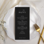 Menú Boda negro simple y elegante<br><div class="desc">Disfrute de su experiencia gastronómica con la simple tarjeta de menú elegante en negro. Al estar alineadas con el tema boda,  estas tarjetas muestran un fondo negro,  grabados clásicos en serif y nombres personalizados personalizados personalizados,  lo que proporciona una elegante adición a la configuración de la tabla.</div>
