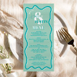 Menú Boda ondulado de curva azul verde azulada retro<br><div class="desc">Un interesante menú boda con nombres personalizados con caligrafía escrita a mano y fuente serif,  2 nombres ,  dos estilos con Retro boho verde azulado curvatura azul boda ondulado. Todos los textos,  nombres y colores de fondo son personalizables para que usted mezcle y coincida con su suite boda.</div>