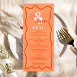 Menú Boda ondulado de curva naranja retro<br><div class="desc">Un interesante menú boda en negrita con nombres personalizados con caligrafía escrita a mano y fuente serif, 2 nombres , dos estilos con la curva naranja Retro boho boda ondulado de squiggle. Todos los textos, nombres y colores de fondo son personalizables para que usted mezcle y coincida con su suite...</div>