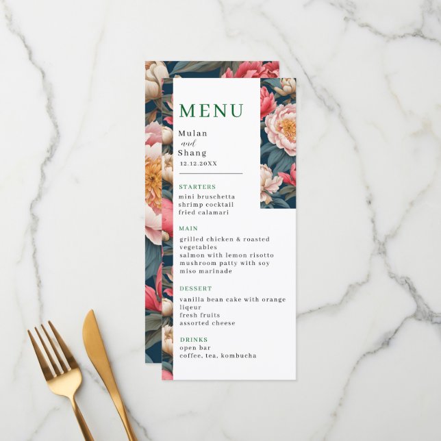Menú Boda oriental de los pueblos rosados y blancos (Anverso/Reverso In Situ)