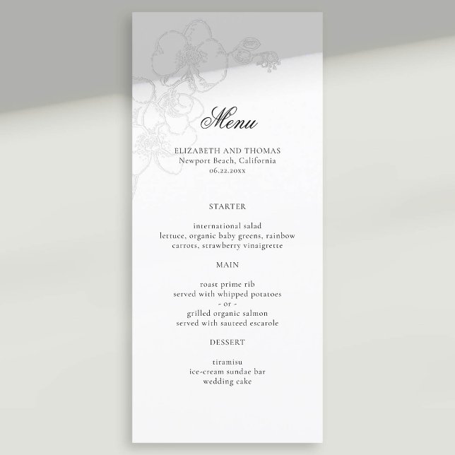 Menú Boda Orquídea Grabado en relieve  clásico moderno (formal wedding menu card faux embossed orchid sketch modern classic typography calligraphy)