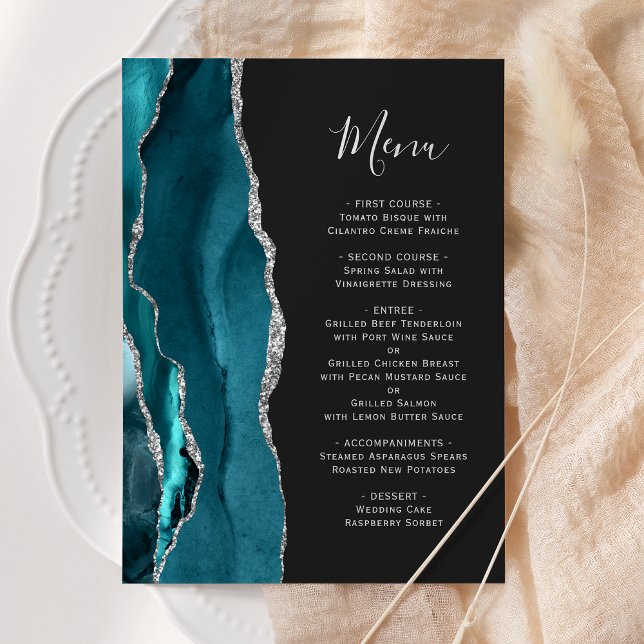 Menú Boda oscura de ágata plateada azul turquesa (Subido por el creador)