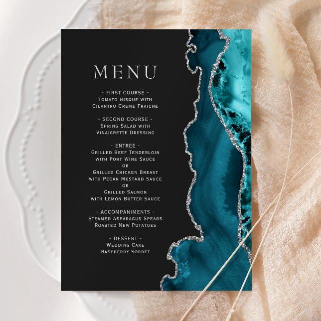 Menú Boda oscura de ágata plateada azul turquesa (Subido por el creador)
