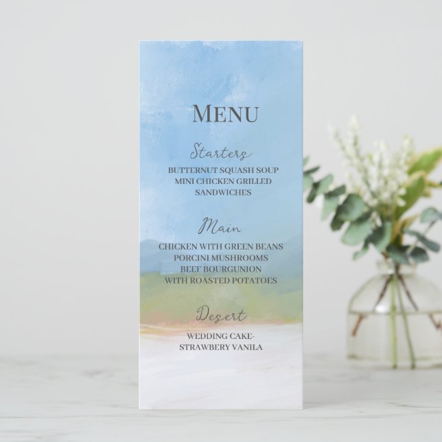 Menú Boda paisajístico con cielo azul (Anverso de pie)