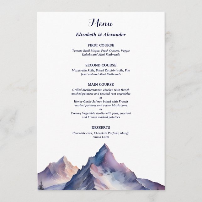 Menú Boda paisajístico de montañas cubiertas de nieve (Anverso)
