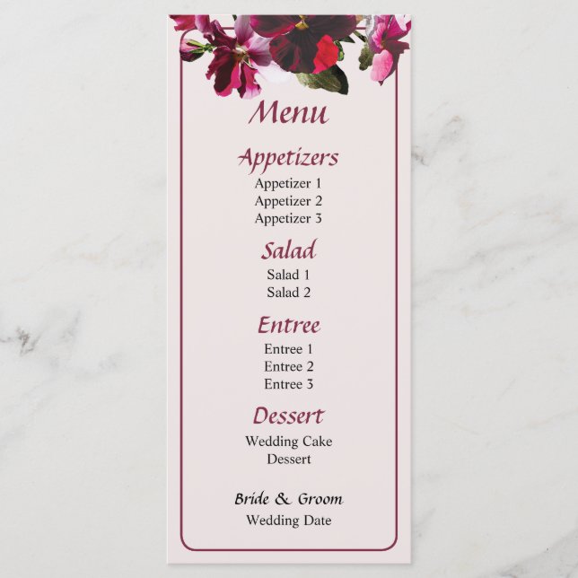 Menú Boda Pansies rosa y magenta (Anverso)