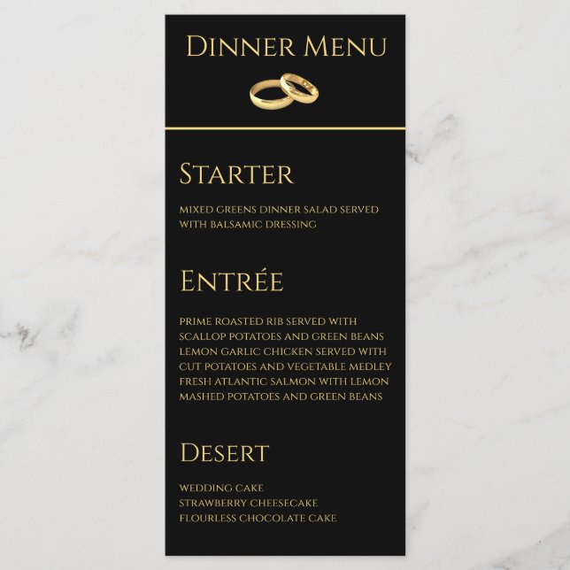 Menú boda para la cena y la bebida - Negro y Oro- (Anverso)