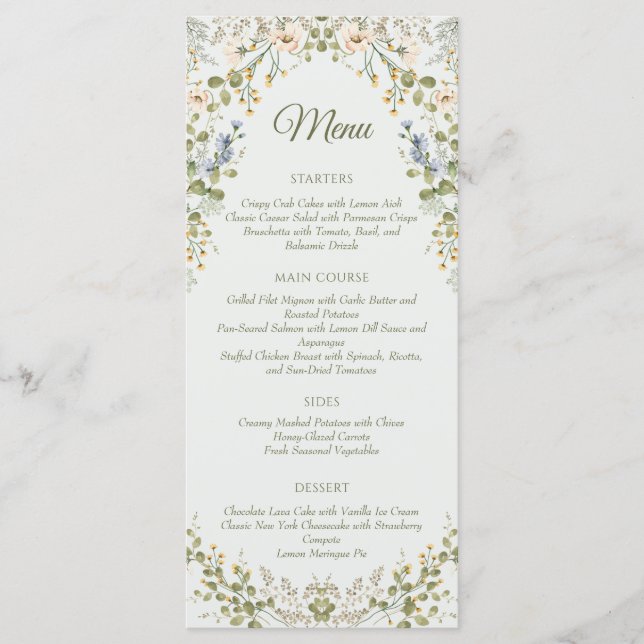 Menú Boda Pastel de Flor Silvestre Elegante Verde (Anverso)