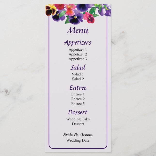 Menú Boda Pastel Pansies (Anverso)