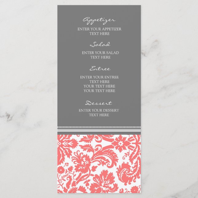 Menú boda Patrón de Damasco de coral gris (Anverso)