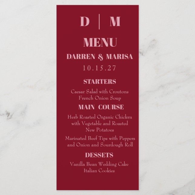 Menú Boda personalizada manuscrita rosa y roja (Anverso)