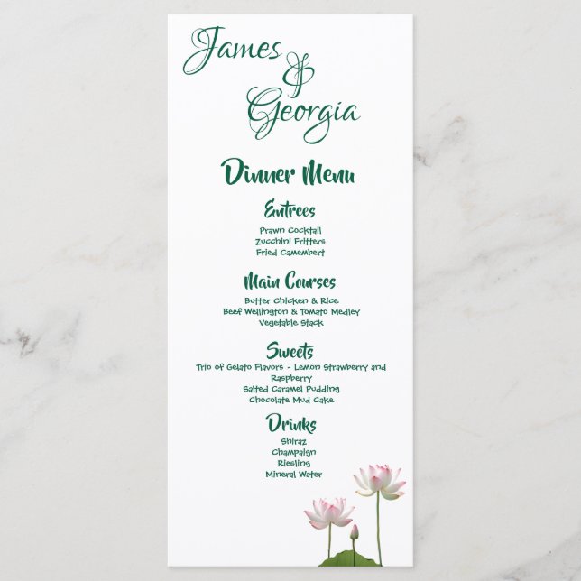 Menú Boda personalizado de flor de Lotus rosa (Anverso)