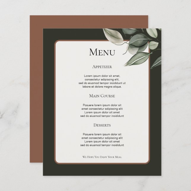 Menú Boda personalizado de follaje verde silencios (Anverso / Reverso)