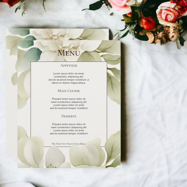 Menú Boda personalizado de follaje verde silencios (Muted Green Foliage Personalized Wedding Menu from Ricaso)